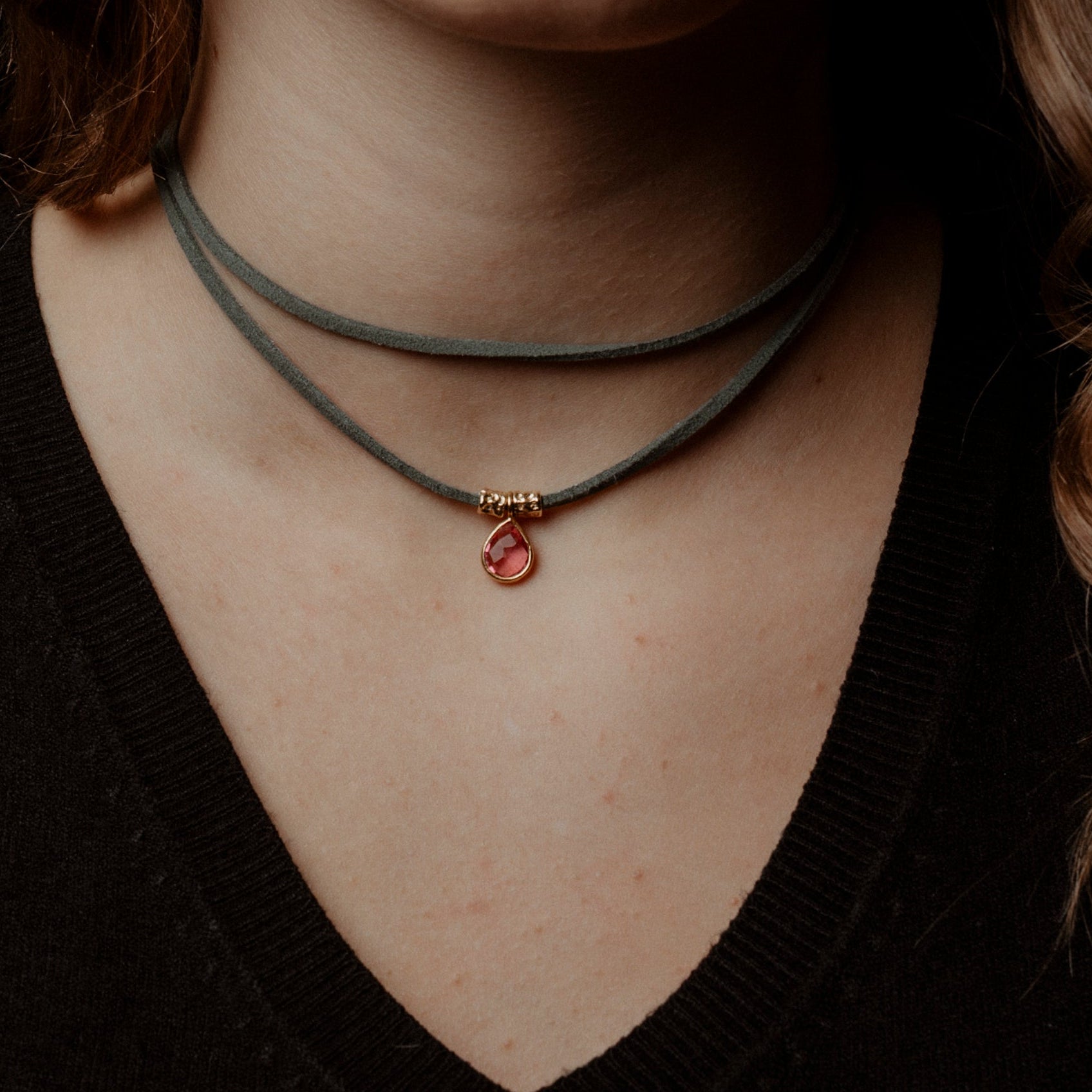 cordino verde bosco e tormalina rosa